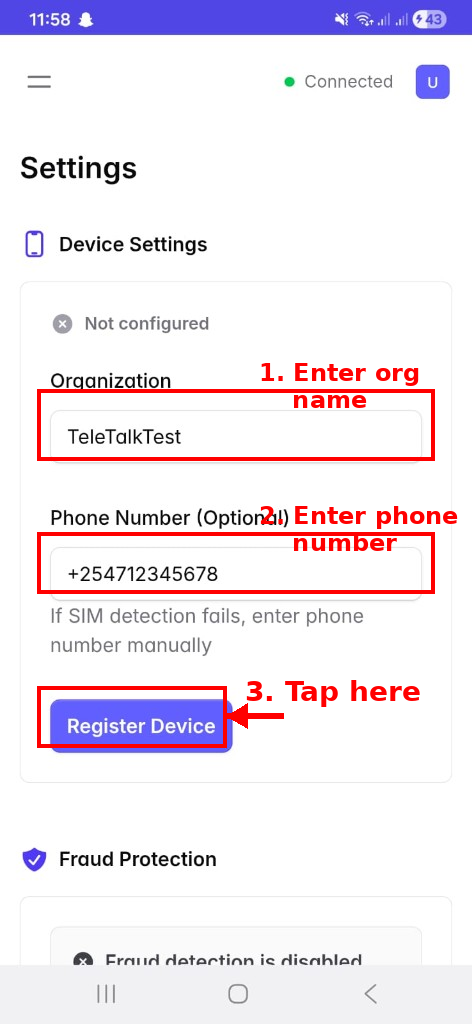 Fill in the fields and tap Register Device